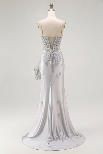 Silver Sheath Spaghetti Straps Beaded Corset Long Prom Dress with Appliques